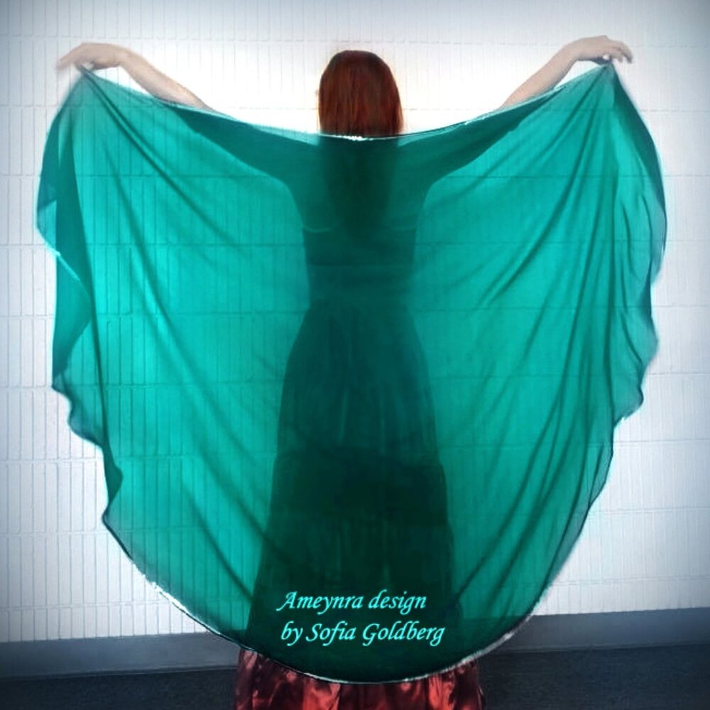 Teal Chiffon Veil for Belly Dance. With silver sequins! Half Circle. New